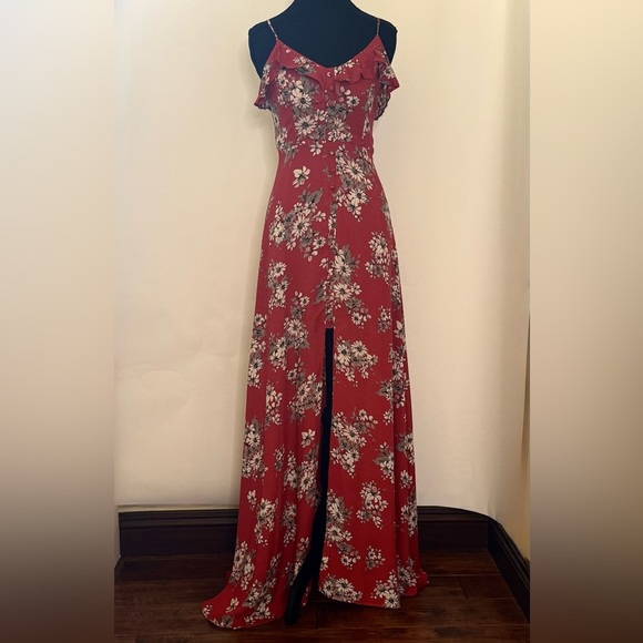 Lulus Bloom On Rust Floral Print Long Maxi Dress w/Side Slit, Red, Size XS - Picture 5 of 16